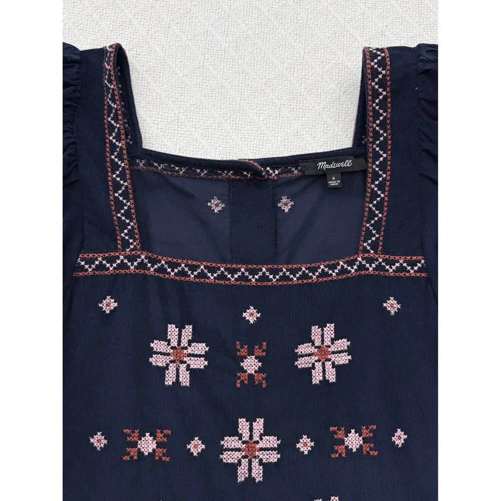 Madewell Embroidered Corduroy Button-Back Peplum Top Navy Puff Sleeve Small
